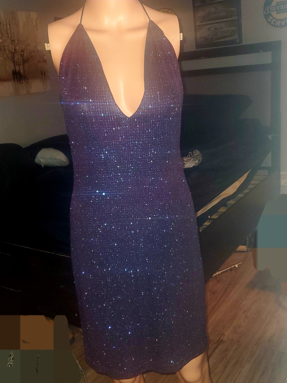 Sparkling Deep Purple Halter Above The Knee Dress